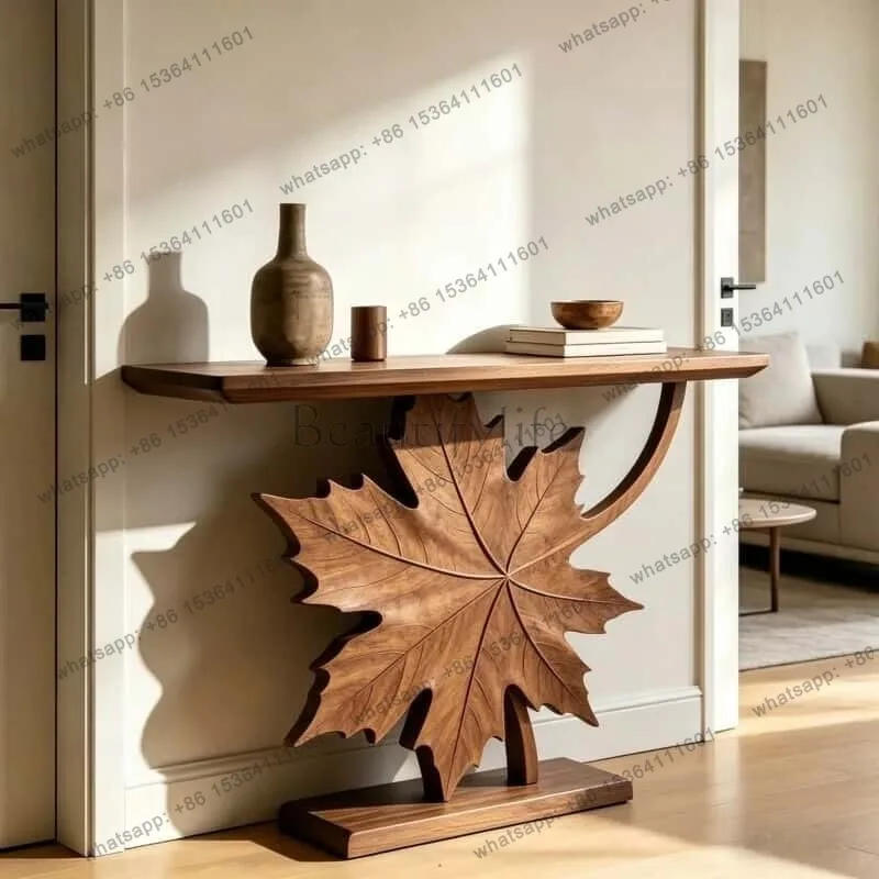 YJ 2026 New Italian New Chinese Style Solid Black Walnut Console Table Maple Leaf Carved Narrow Entryway Hallway End View Table