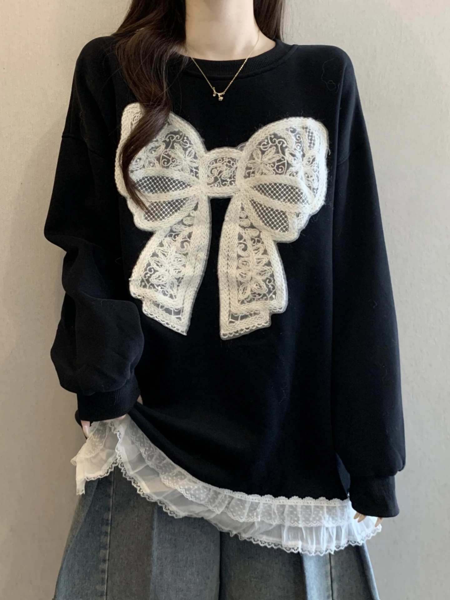 Lace Patchwork  Knot Sweatshirt Base Shirt Women's Spring Autumn plus Size Loose Belly Covering Mid-Length Top