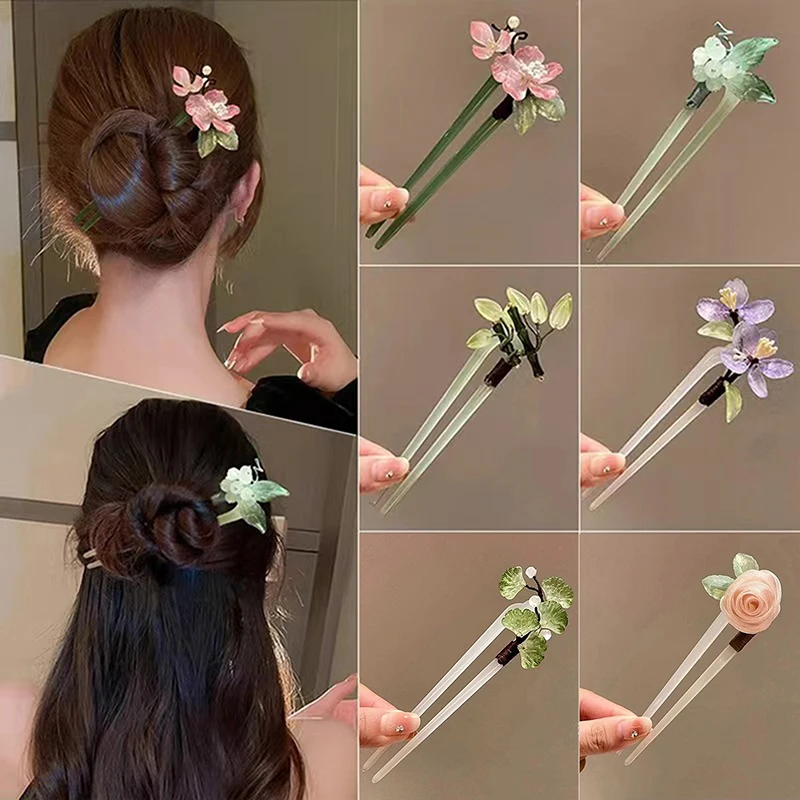 Fashion U-shaped Hairpin Acrylic Flower Hair Stick Chopsticks Chinese Hair Clips Wedding Headdress Jewelry Hair Accessories