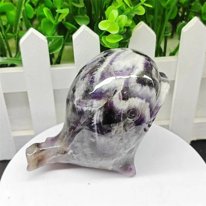Natural Dream Amethyst Dolphin Carving Healing Stone Energy Gemstone Cute Home Office Decoration Gift 1PCS