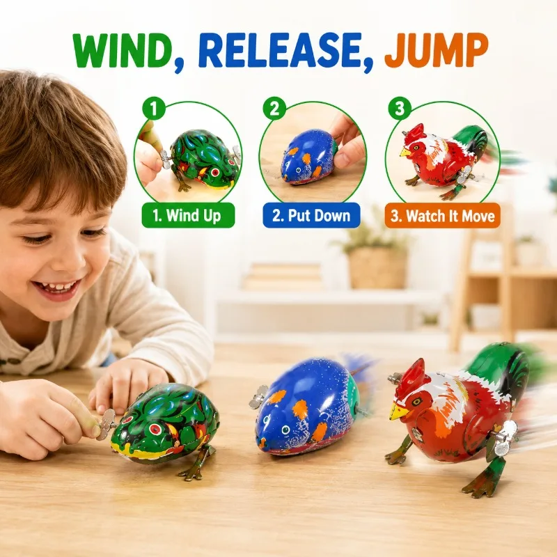 Kids Desktop Vintage Iron Tin Wind‑up Clockwork Toy Jumping Frog Mouse Cock Hobby Collectible Present