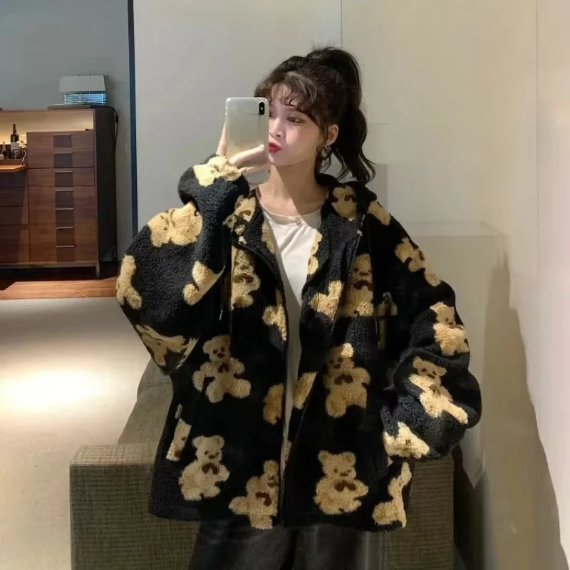

Y2K Iittle Bear Teddy Print Plush Jacket Women Winter 2025 Female Korean Fluffy Hooded Coat Thick Warm Couple Streetwear Outerw