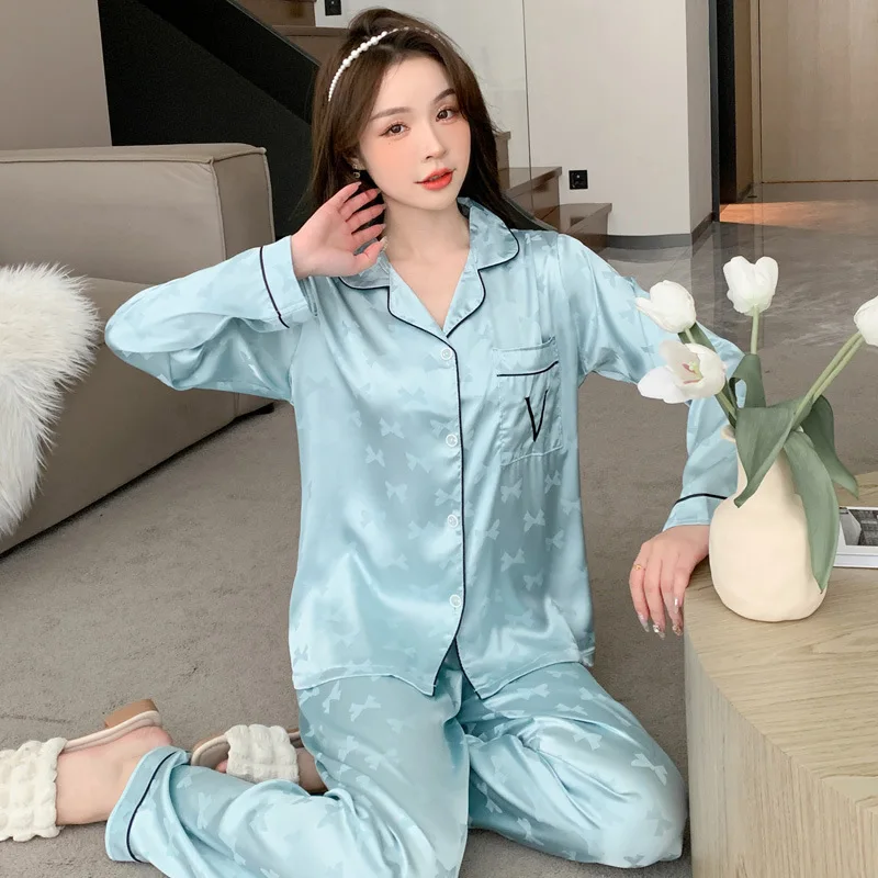 Women 2 Piece Pajamas Sets Bow Print Pijama Faux Silk Satin Lapel Pyjama Female Sleepwear Long Sleeve Shirt Pants Homewear