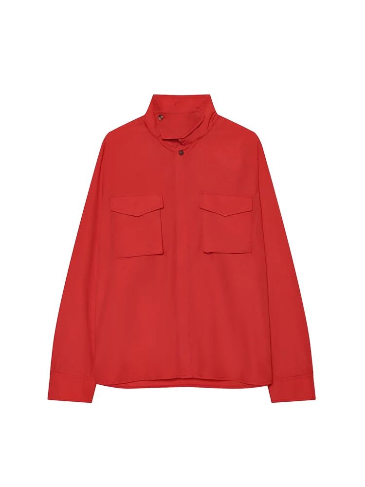 2026 Neue Damen-Bluse mit Stehkragen, Rot, Langarm, Schicke Taschen, Elegantes Street-Shirt, Eleganter Büro- und Alltagspullover für Damen, Herbst