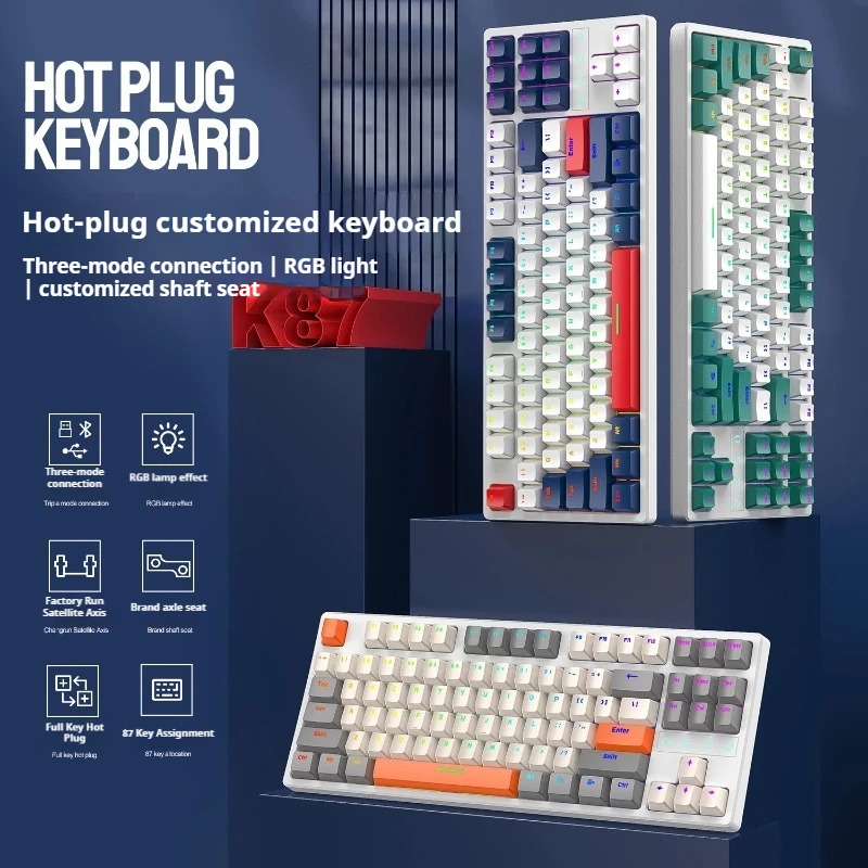 K87 Three-Modes Hot-Swappable Customized Mechanical Keyboard Full-Key No-Punch 87-Keys Dual Issp Muffler Games Office Laptop