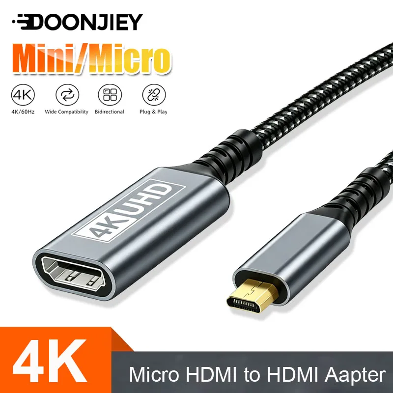 Micro HDMI Male to HDMI Female Aapter 4K@60Hz Mini HDMI Male to HDMI Female Cable Bi-Directional Converte for Tablet HDTV Camera