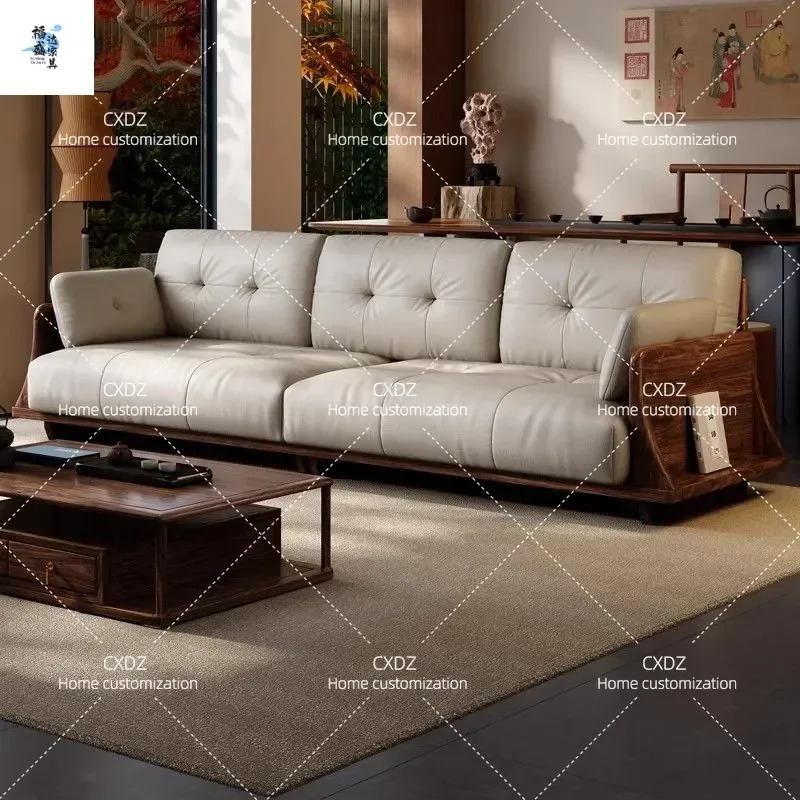 Walnut Leather Solid Wood Sofa Modern Simple Straight Row Cloud Seat Bag for Living Room Villa Small Apartment
