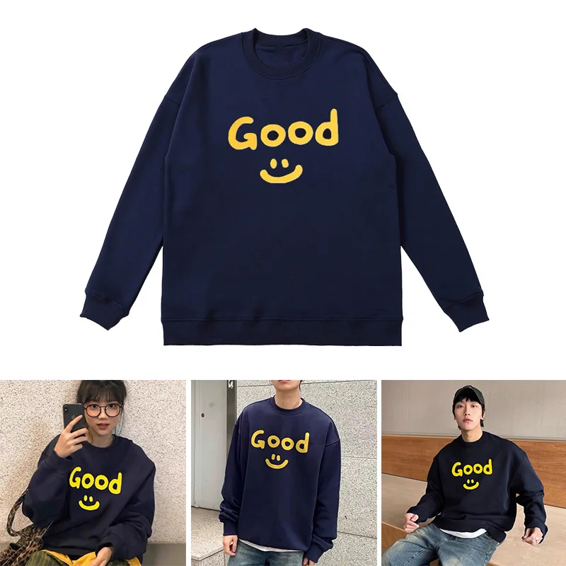 

Drew House Premium Quality Smiley GOOD Letter Minimalist American-Style Fall/Winter Oversized Men's Crewneck Sweatshirt Navy