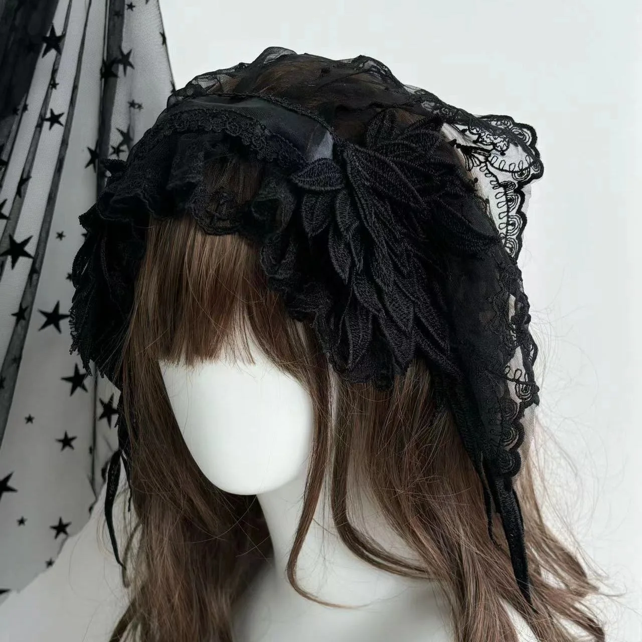 Handgefertigtes schwarz/weißes Schleier-Accessoire, Gothic-Lolita-Stirnband mit Engelsflügel, Lolita, tägliche Mode, Kollokation, Damen-Kopfbedeckung