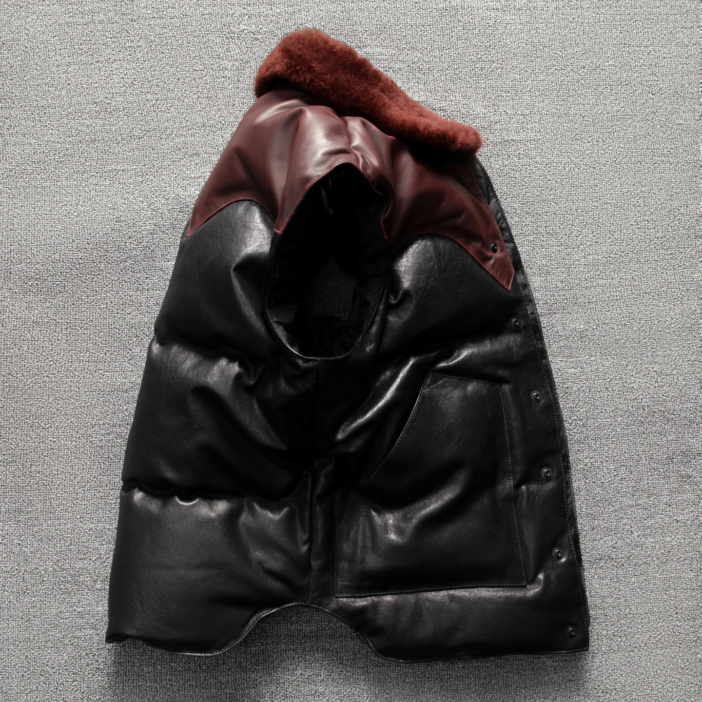 古い羊革のレザージャケット、ダウンジャケット、厚手240グラム、メンズ暖かいスタンドカラーレザーベスト、ノースリーブベスト、冬用