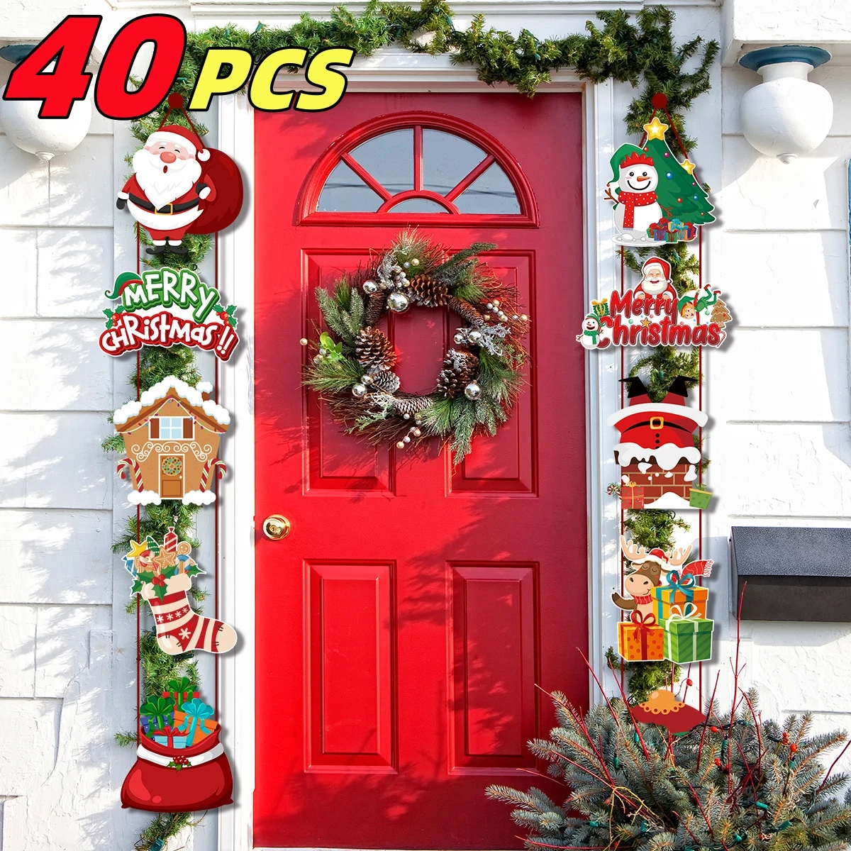 40PCS Santa Claus Snowman Elk Couplet Christmas Decor Merry Christmas Decorative Door Hanging Banner for Home Xmas Ornaments