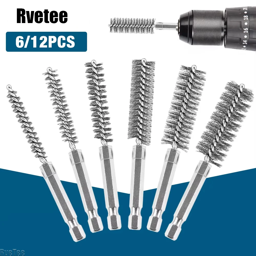 6/12Pcs Stainless Steel Wire Brush,Drilling Cleaning Brush Set, 1/4 Inch Hexagonal Handle, Grinding Polishing Rust Removal Tools