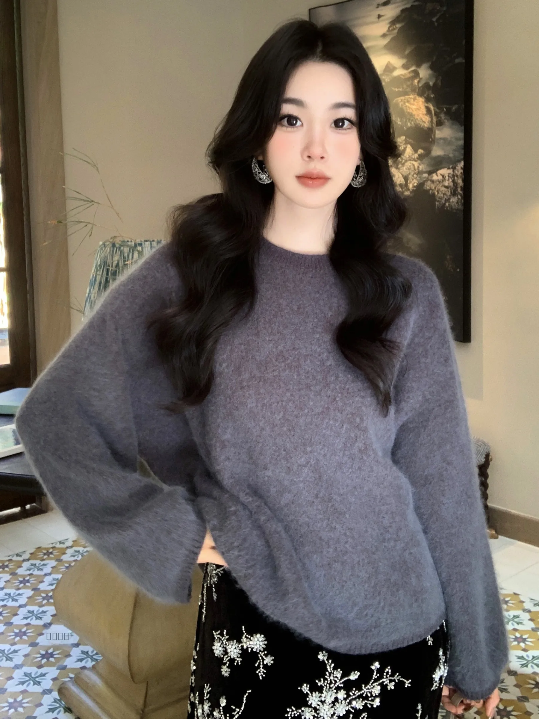 

Soft Plu Rabbit Fur round Ne Knitted Sweater Pure Color Casual Comfortable Women's Faion Winter Knitwear SYT Candy Color