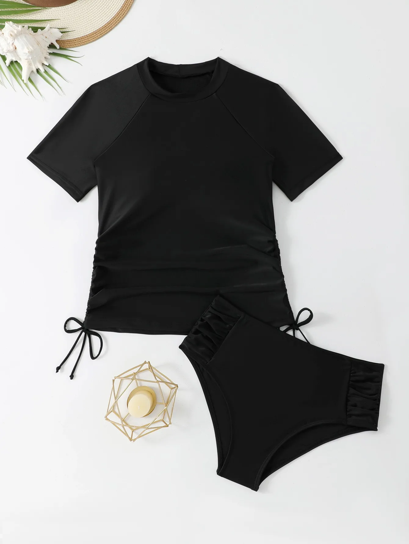 Vintage bladprint 2-delige tankiniset badpak met korte mouwen voor dames Retro bikini badmode ruches bikini's vrouw strandkleding