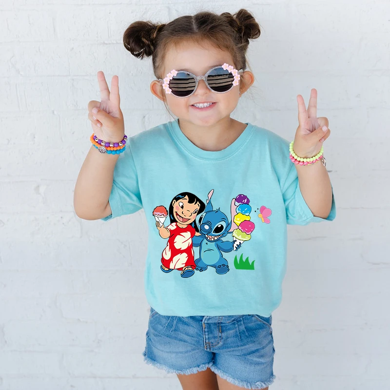 Stitch Bedrukt Kids T-Shirt Blauw Casual Tops Zomer Kinder Katoenen Korte Mouwen Geschikt Voor Jongens En Meisjes