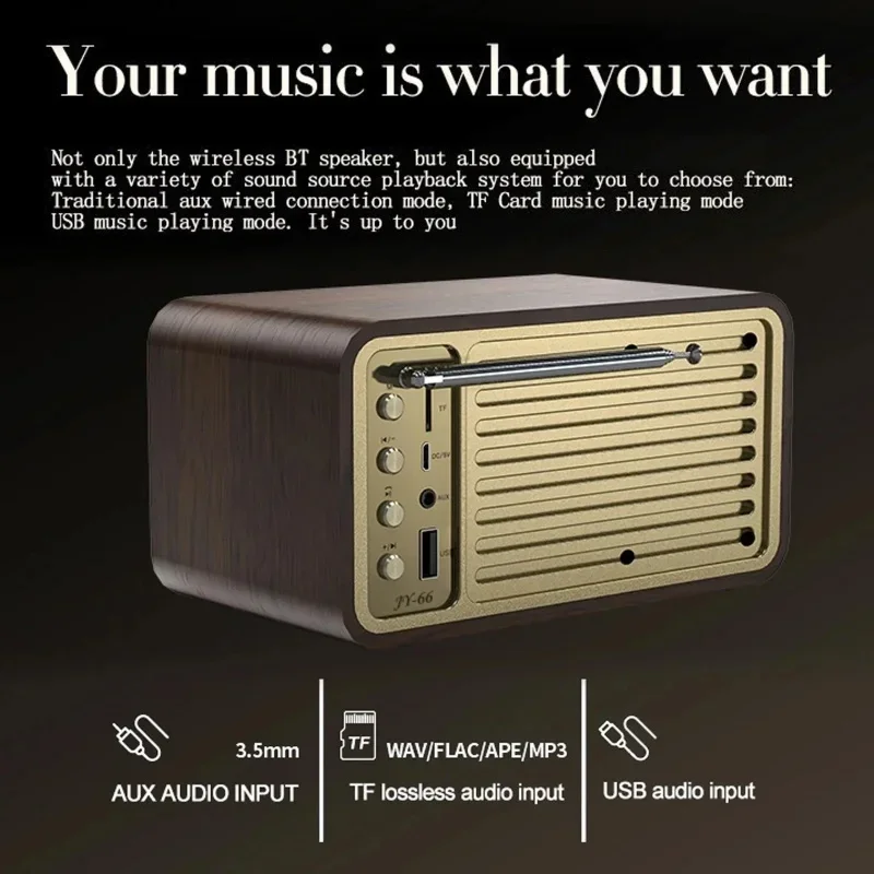 JY66 Wooden Wireless Audifonos Bluetooth Speaker Portable FM Radio Heavy Bass Subwoofer Stereo Music Center Antenna Radio Player