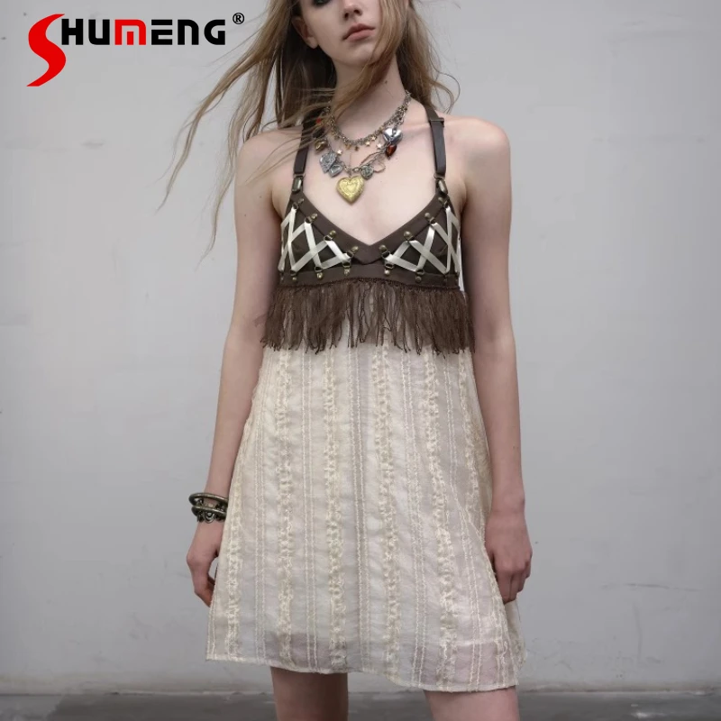 

Unique Original Design Retro Punk Style Short Slimming Dresses Court Splicing Leather Straps A-line Low Chest Suspender Dress