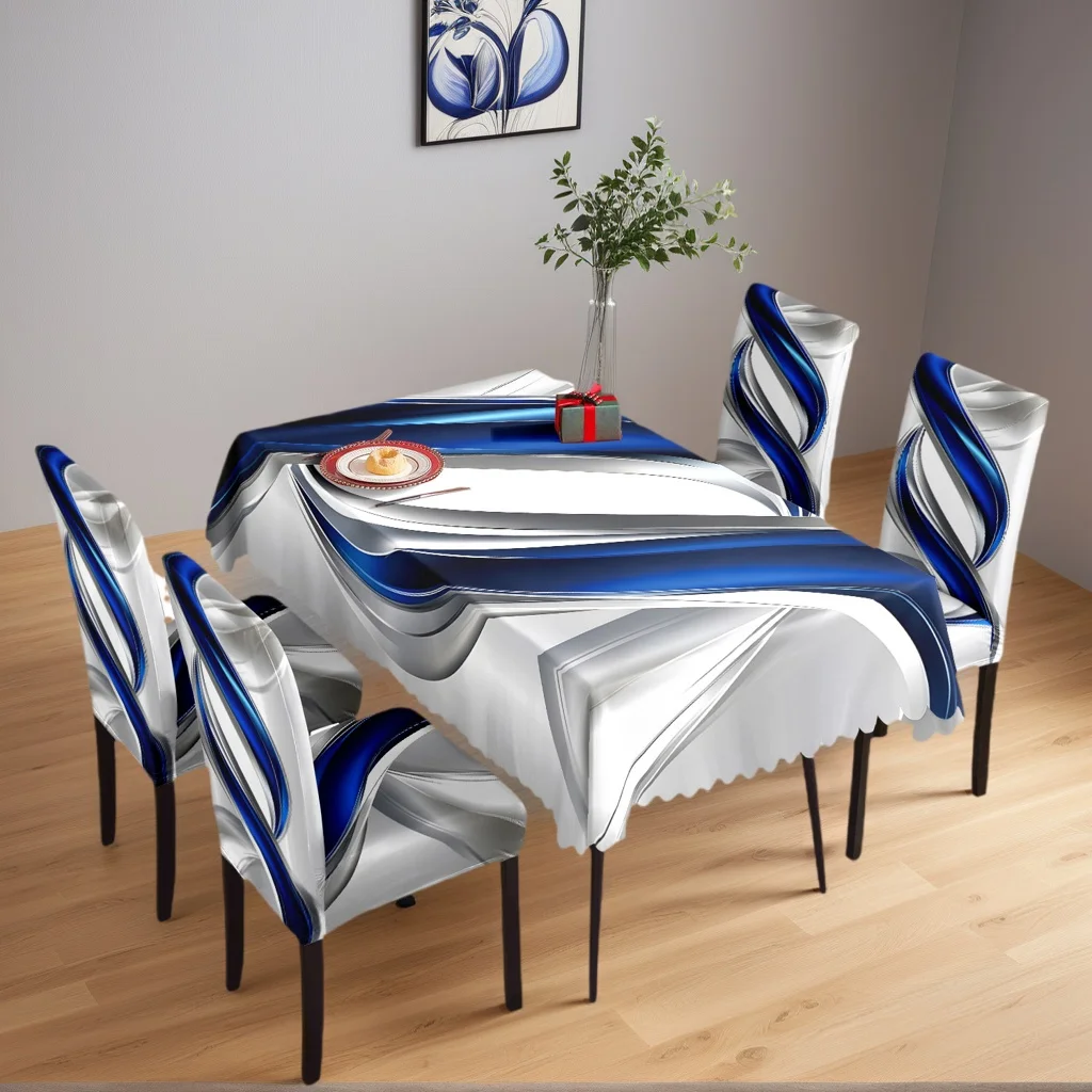 

5/7pcs Blue Silver Stripe Tablecloth Elastic Chair Covers Set Dining Protector