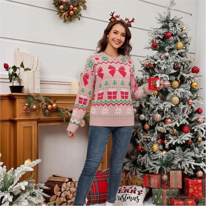 Women Christmas Knit Sweater Winter O-neck Xmas Gift Bow Snowflake Tree Pattern Pullover Ladies Casual Loose Party Jumper 4