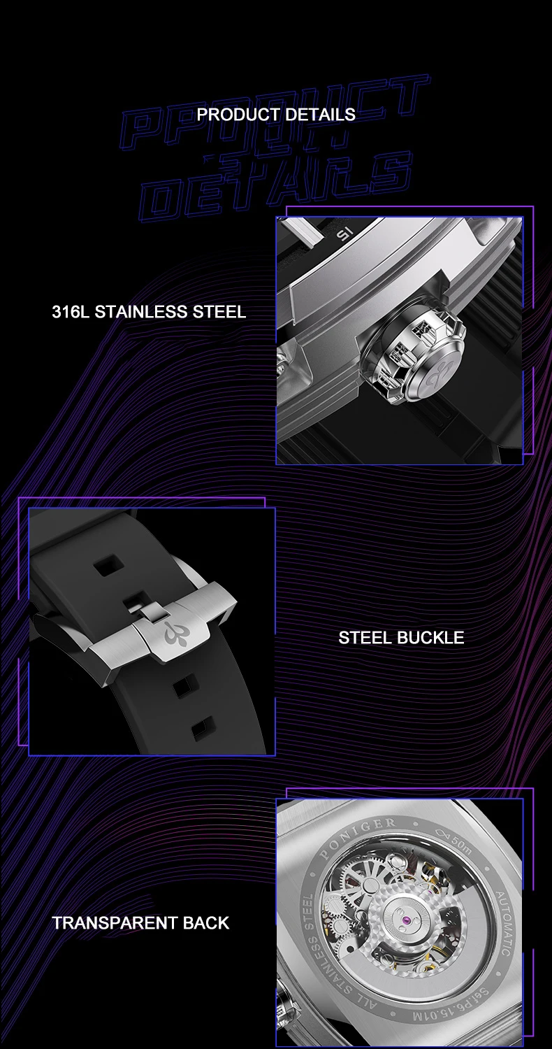 Мужские автоматические часы PONIGER, 44 мм, корпус Tonneau, механические наручные часы, сапфировый светящийся полый циферблат, резиновый ремешок