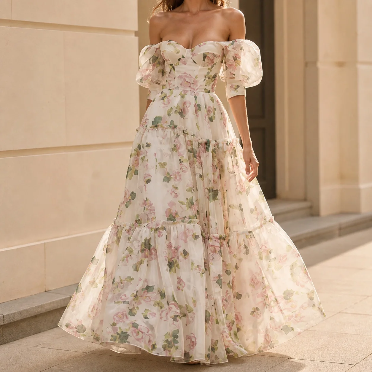 Women's Off Shoulder Bodycon Long Dress for Wedding Guest Summer Elegant Party Wedding Party Prom Chiffon Ruffle High Waist