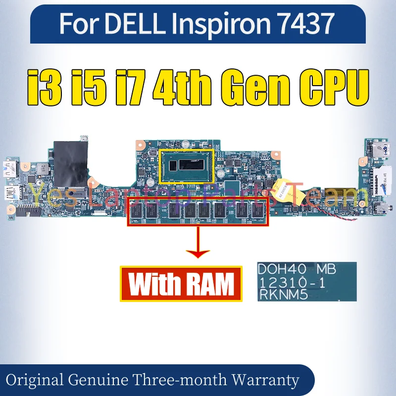 12310-1 For DELL Inspiron 7437 Laptop Mainboard  I3-4010U  I5-4200U I7-4510U RAM 4G 8G 100％ Tested Notebook Motherboard