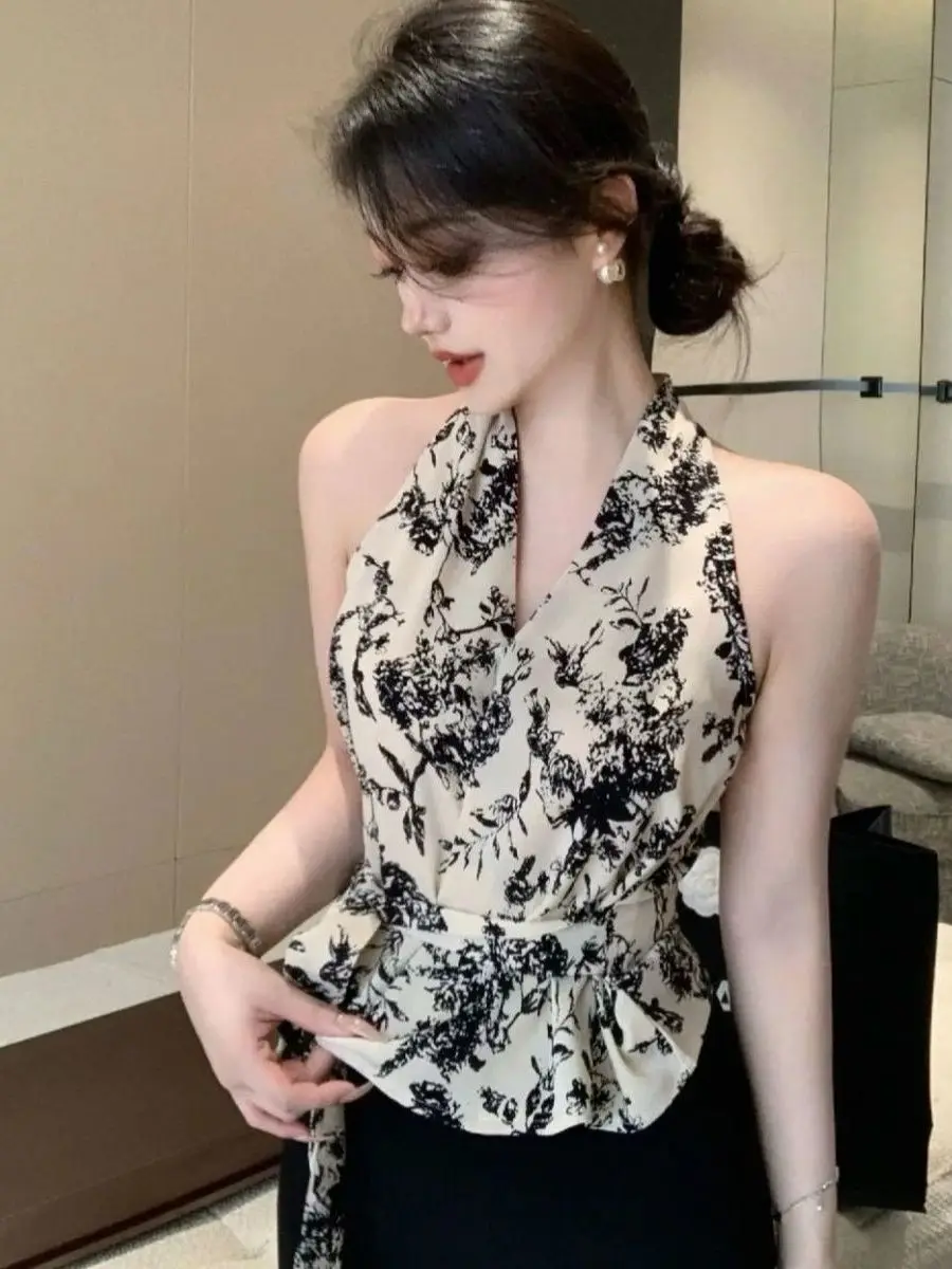 Retro Floral Print Sleeveless Neck Hanging Shirt Women's Summer Fashionable Vest Top High-End Feel Casual Fit Breathable