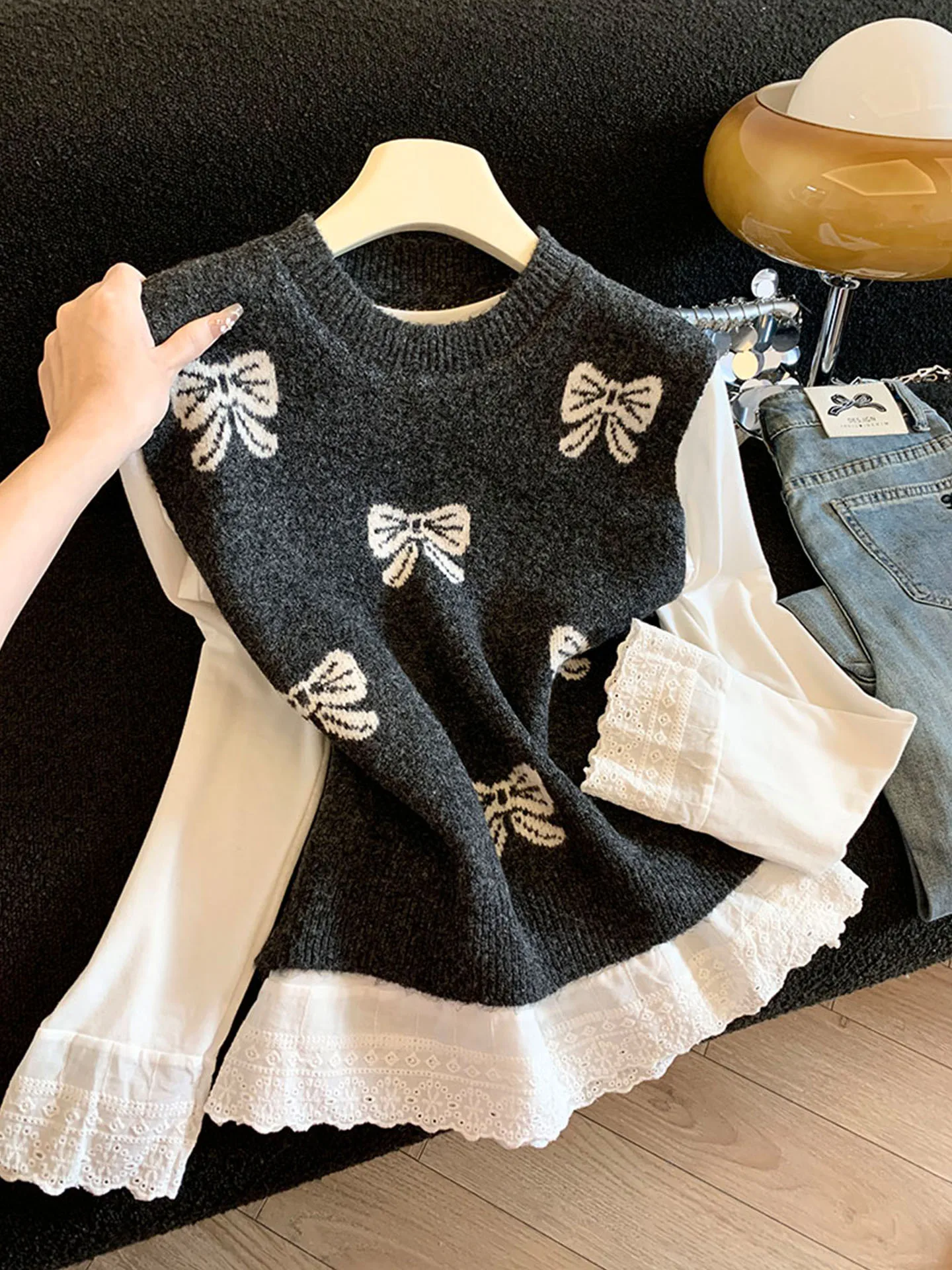 

Emily Clud Recommended Knitted Lace Vest Top Women's Long Sve Two-Piece Set Layering Faion Spring round Ne Knitwear