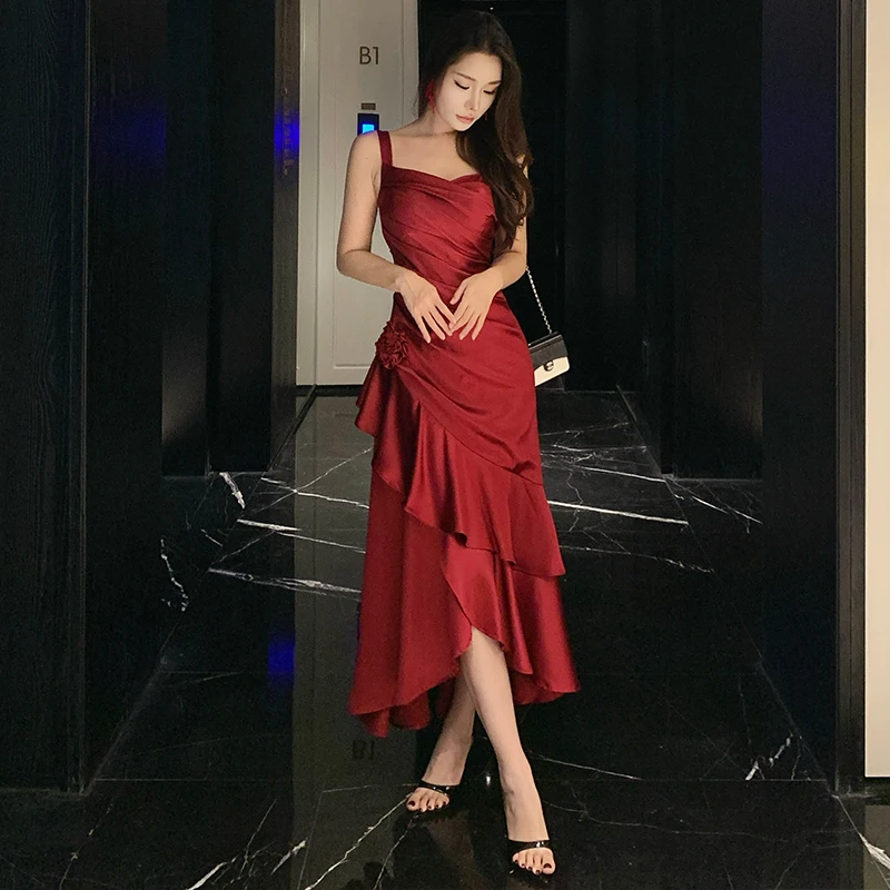 

Элегантное красное атласное платье с кружевной отделкой для женщин, праздничное платье на день рождения, с застежкой-молнией, завышенной талией, юбкой А-силуэта, длинное