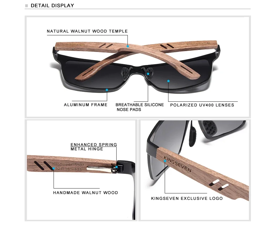 Kingseven Aluminium hand gefertigte Walnussholz Sonnenbrille Luxus Männer polarisierte Sonnenbrille für Frauen Outdoor-Sport brillen – Detail 1