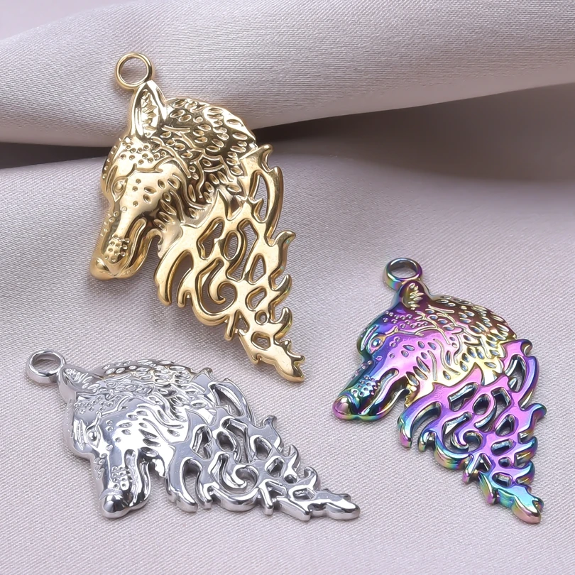 Fashion Wolf Head Rainbow Punk Stainless Steel Pendant Charm for Jewelry Making diy Craft Necklace Supplies Gothic Charm 6pcs