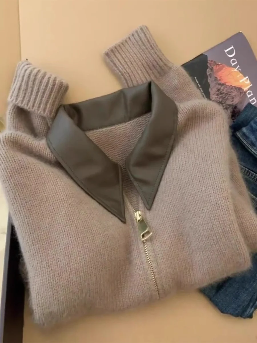 

High-End Zipper Collar Coffee Color Knitted Sweater Coat Women's Autumn Winter Bear Fur Open Cardigan Korean Style Casua...