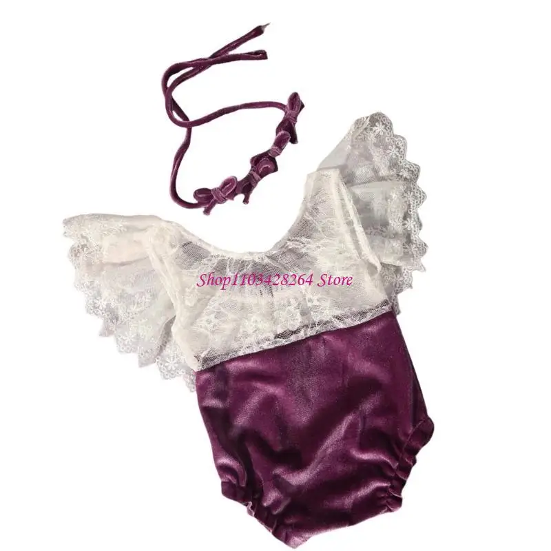 رومبير من الدانتيل المخملي الناعم لحديثي الولادة مع عصابة رأس على شكل فيونكة متطابقة، مجموعة ملابس أطفال فاخرة مريحة لالتقاط صور #5