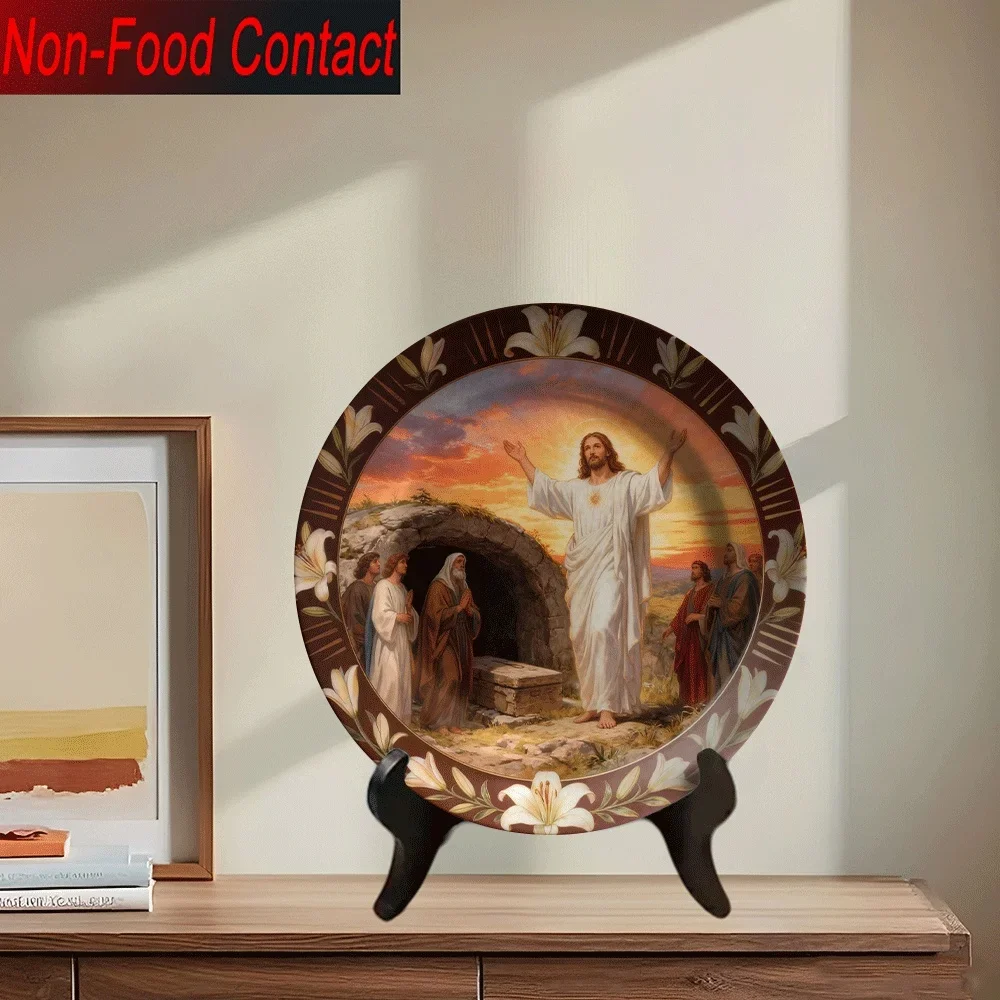 2D Flat, 1pc Ceramic Decorative Plate - Resurrection Scene with Mary Magdalene & Disciples, Non-Food Contact Safe, Classic Home