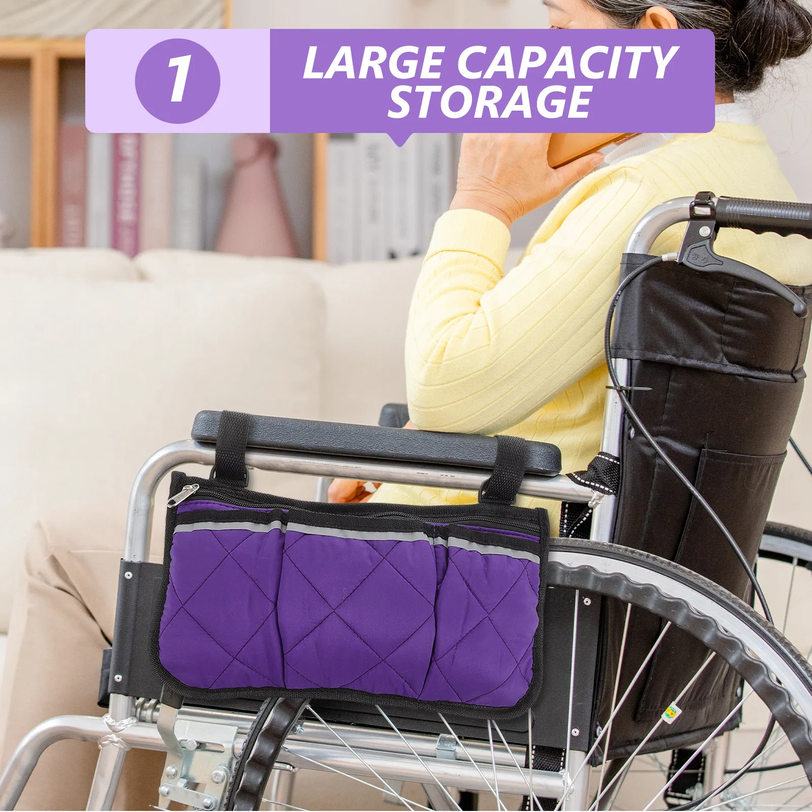 

Wheelchair Side Bag Large Capacity Armrest Storage Pocket Multi-Functional Hanging Organizer for Wheelchairs Strollers Foldable