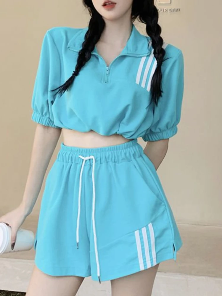 Korean Shorts Sports Suit Women Leisure Jacket Drawstring Wide-Leg Pant Girl Splice Color Two-Piece New in Summer Fashion Trend