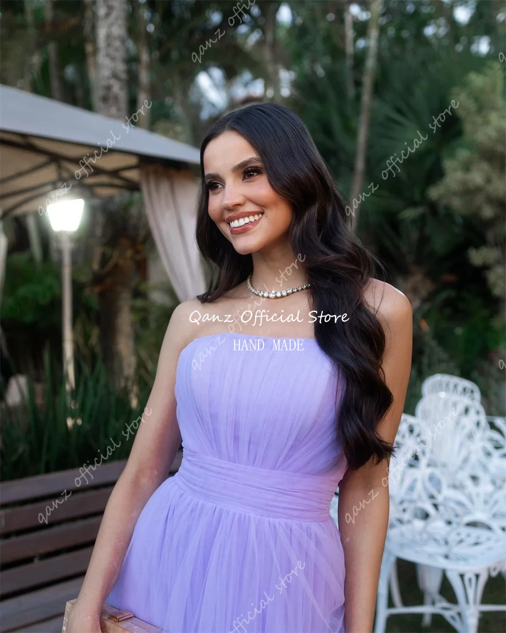 Qanz-Elegant Lavender Vestidos de noite, Strapless Ruffles Tulle, Long Formal Occsion Vestidos, Open Back Bow, até o chão, Party Gowns