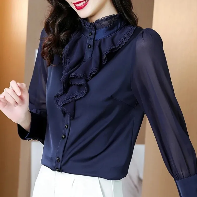 Elegant Lace Chiffon Blouse for Women, Ruffle Shirt, Casual Long Sleeve Tops, Dark Blue Button, Female Clothing, Fashion, 20389