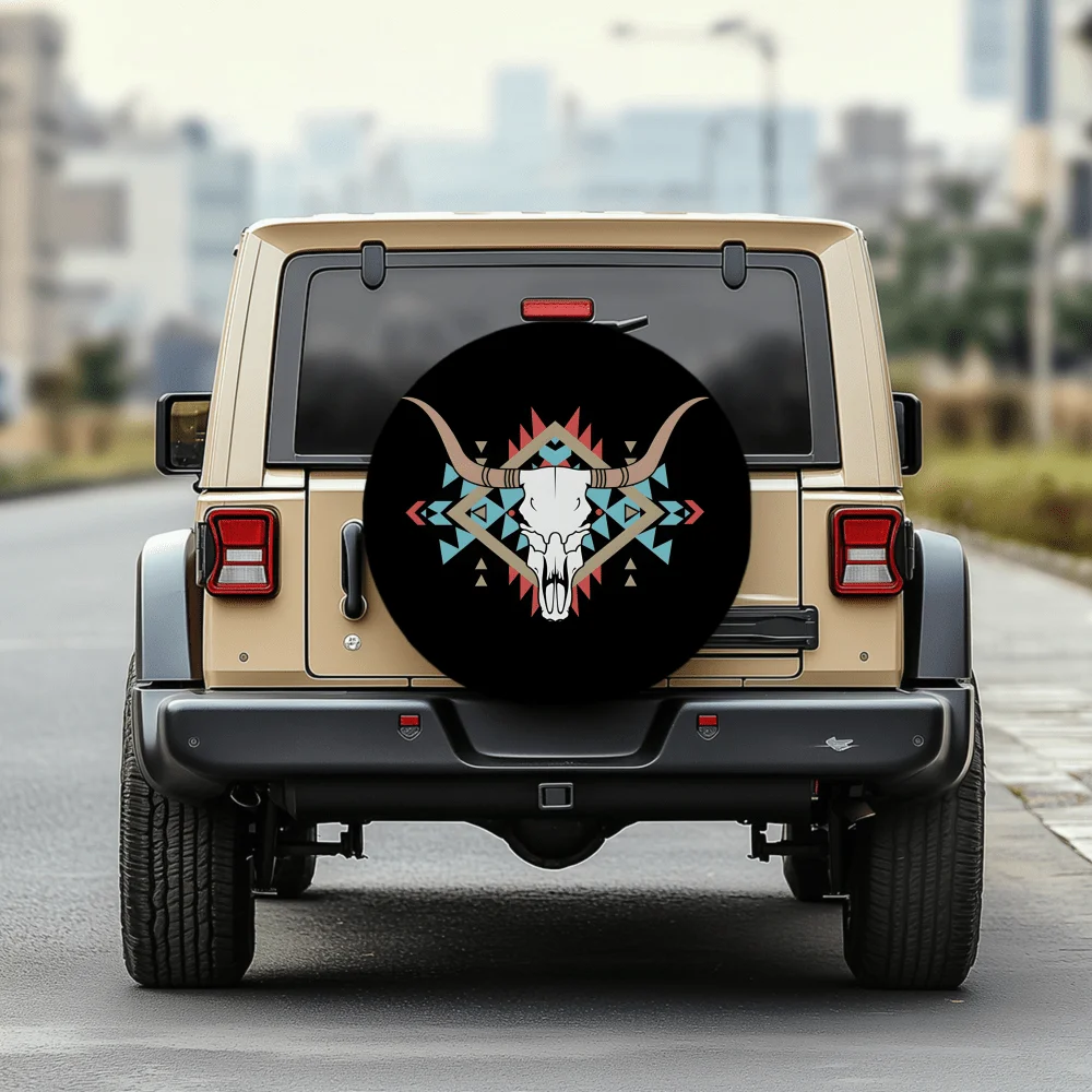Bohemian Style Bull Skull Pattern 30/34 Inch Multi-Functional Tire Cover, Suitable For Jeeps, Trailers, RVs, Off-Road Vehicles,