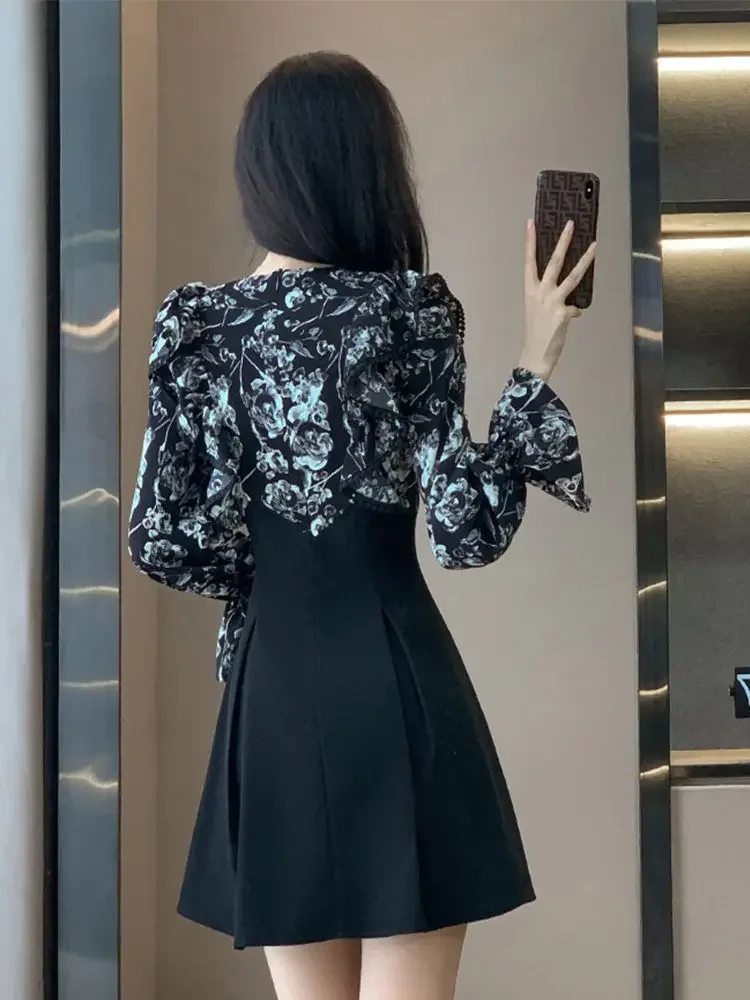 Abito femminile da vacanza corto fiore pieghettato floreale mini abiti neri a maniche lunghe da donna Novità in Xxl ampio chic ed elegante grazioso