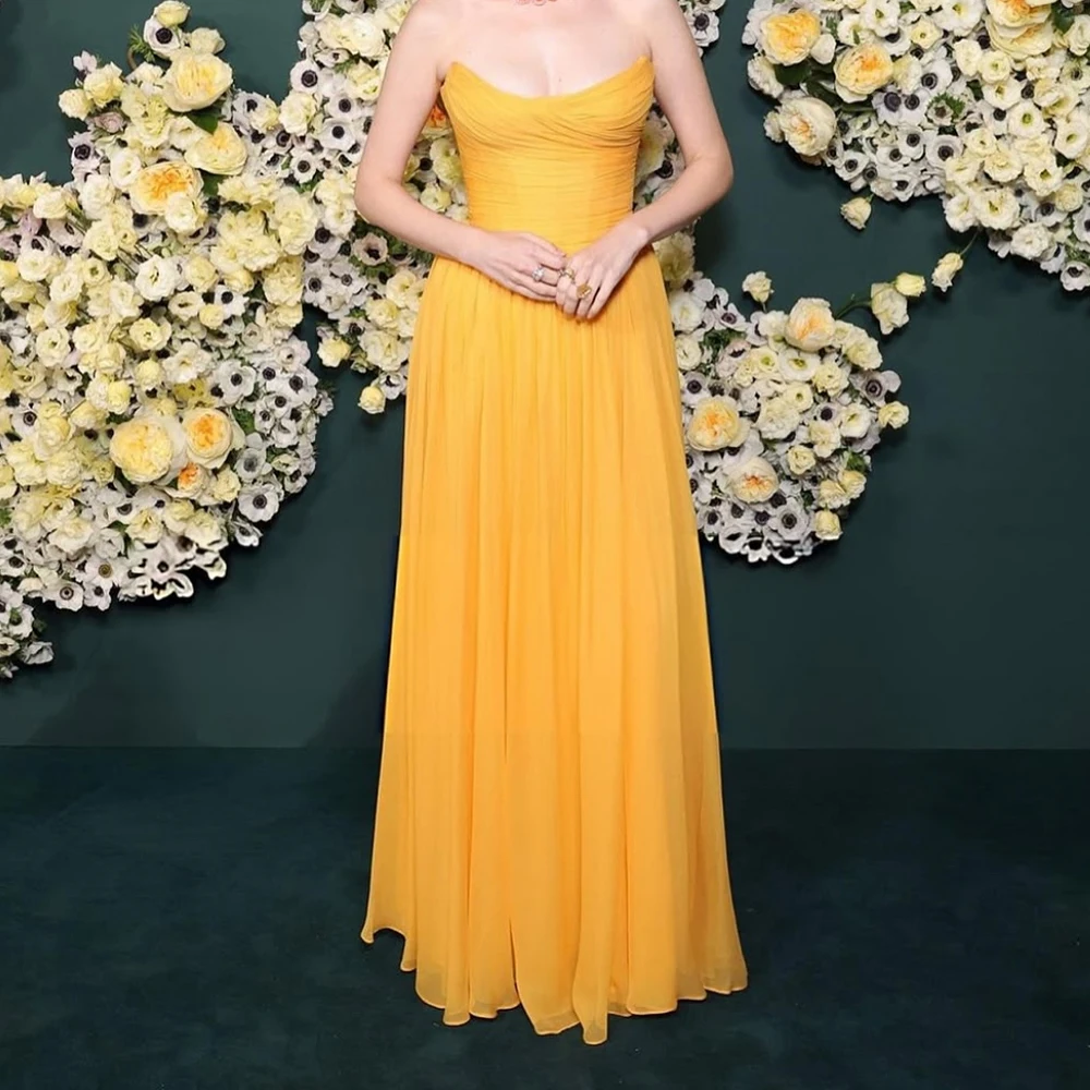 

Customized A-line Evening Dresses Floor-length Strapless Sleeveless Prom Gown Simple Fashion Pleat Draped Backless Party Gown