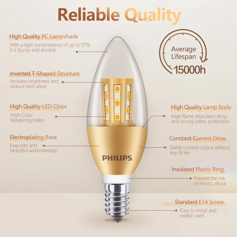 فيليبس LED كريستال B35 BA35 شمعة لمبات E14 4.5 واط 6.5 واط ضوء فضي ذهبي قاعدة اللون 2700 كيلو دافئ لينة مصابيح الثريا المنزل