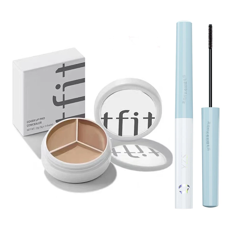 TFIT 3-kleuren concealerpalet en YZS mascaraset make-up gezicht oogcontour gezicht vlek concealer donkere cirkel corrigerende cosmetica