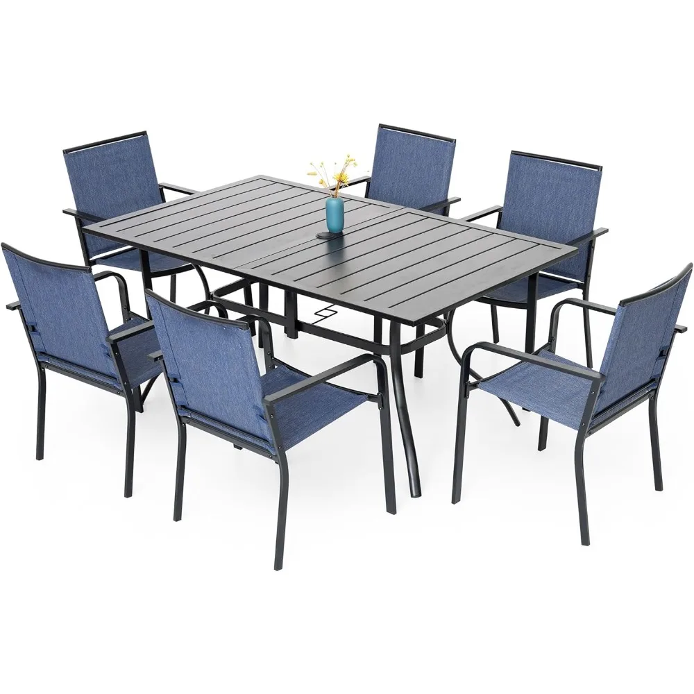 

7 Piece Outdoor Furniture Rectangular Dining Table and 6 Stackable Textilene Patio Chairs, Outdoor Dining Sets