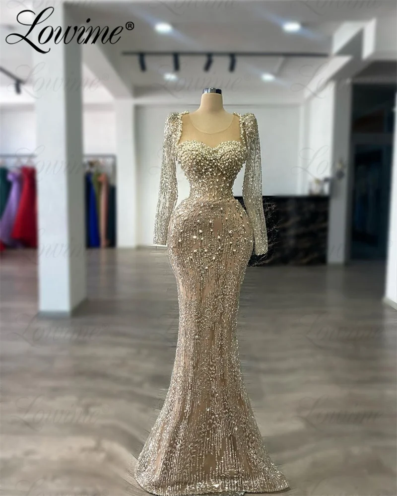 

Glitter Sequined Champagne Evening Dress Long Sleeve Pearls Beading Prom Gowns 2024 Aso Ebi Mermaid Formal Wedding Party Dresses