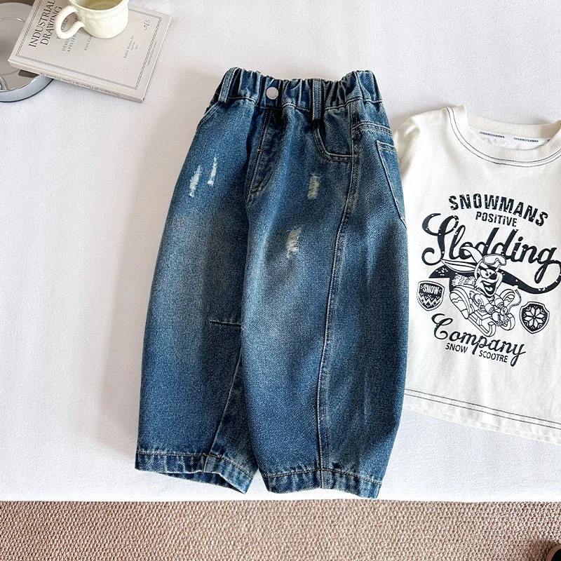 Kids Clothes Daily Jeans New Korean-style Stylish Slouchy Versatile Loose-fit Denim Pants Autumn Boys and Girls Long Pants