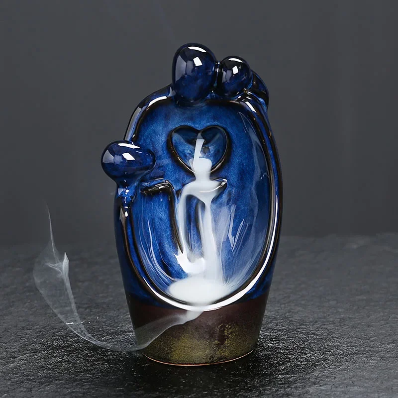 1pc Ceramic Backflow Incense Burner Blue Kiln Variation Aromatherapy Furnace with Abstract Couple Design Valentine's Gift