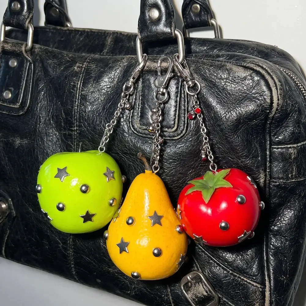 Y2K Simulation Fruit Keychain Metal Harajuku Star Rivet Bag Charm Vegetable chili pepper Pu Fruits Bag Pendant Hanging Accessory