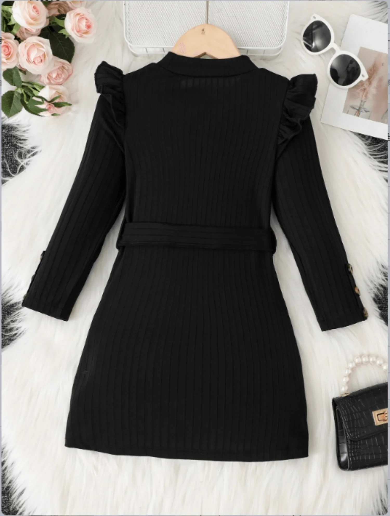 Sexy pure wind long sleeve knitted dress girls autumn winter bottom ruffled lace bow waist button wrap hip skirt