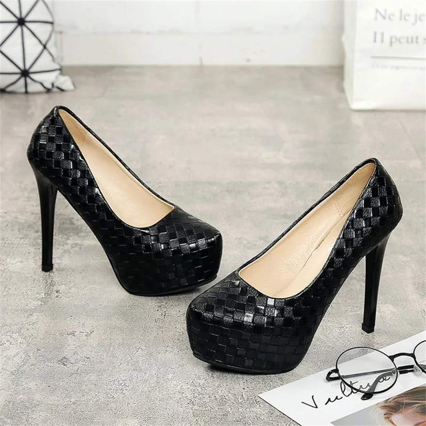 New Autumn 12CM High Heels Women Pumps Round Toe Slip On Stiletto Black Silver Woven Plaid Platform Party Office Lady Shoes Sexy